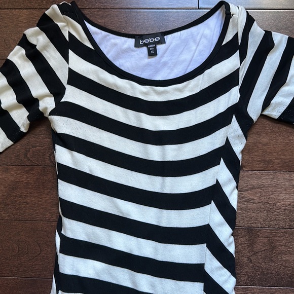 Bebe Striped Asymmetric High Low Bodycon Dress in Black and White Stripe - Picture 6 of 9